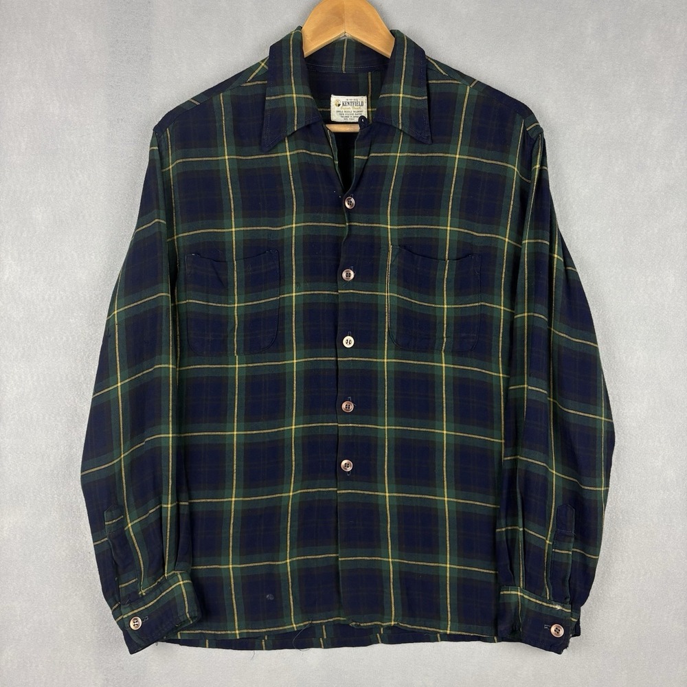 Vintage Kentfield Loop Collar Shirt Men's Medium Green Rayon Made In Japan 60s